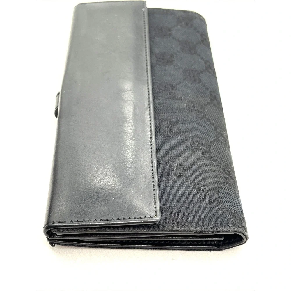 Gucci GG Canvas Jackie Clasp Long Wallet Black Leather Made In Italy